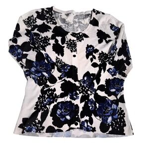Floral Button Front Cardigan Blue Black White Rayon Blend Knit Sweater Womens